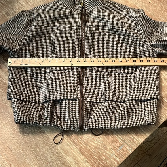 DEMOCRACY MINI CHECK ZIP FRONT BOMBER JACKET OLIVE BROWN TWEED HOUNDSTOOTH MED - Picture 13 of 14